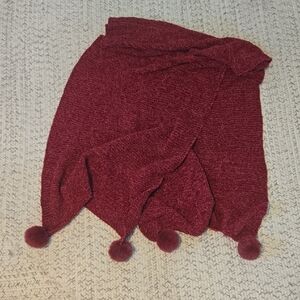 Burgundy Knit Scarf with Pom Poms